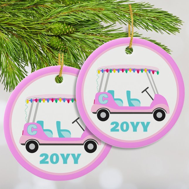Fun Personalized Pink Golf Cart Holiday Lights  Ceramic Ornament (Fun cute and festive pink golf cart ornament personalized with your initial and the year. )