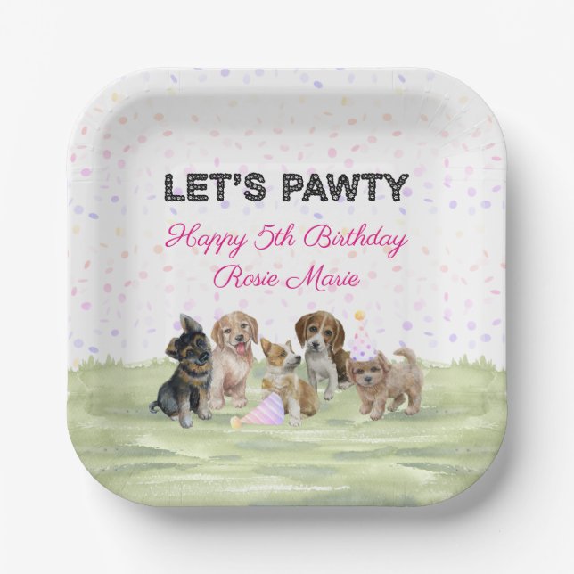 Fun Personalized Pink Puppy Dog Birthday Paper Plates (Front)