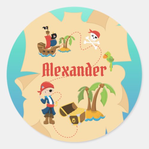 Fun Personalized Pirate Boy Treasure Map Classic Round Sticker
