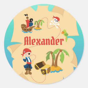 Fun Personalized Pirate Boy Treasure Map Classic Round Sticker