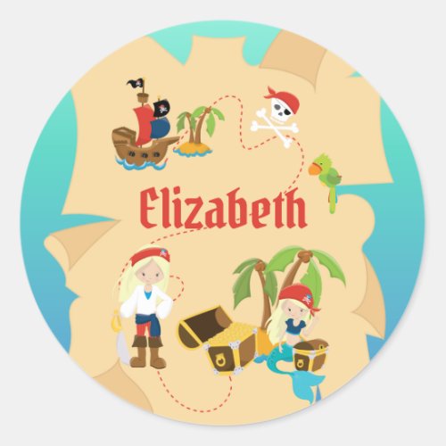Fun Personalized Pirate Girl Treasure Map Classic Round Sticker
