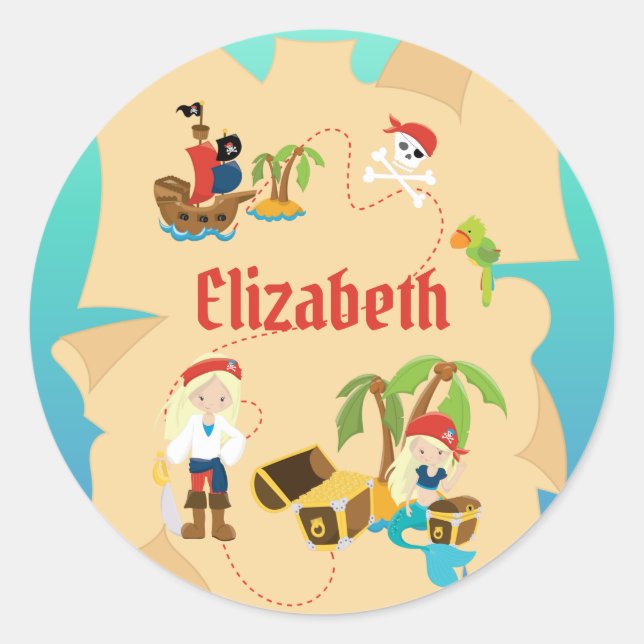 Fun Personalized Pirate Girl Treasure Map Classic Round Sticker (Front)