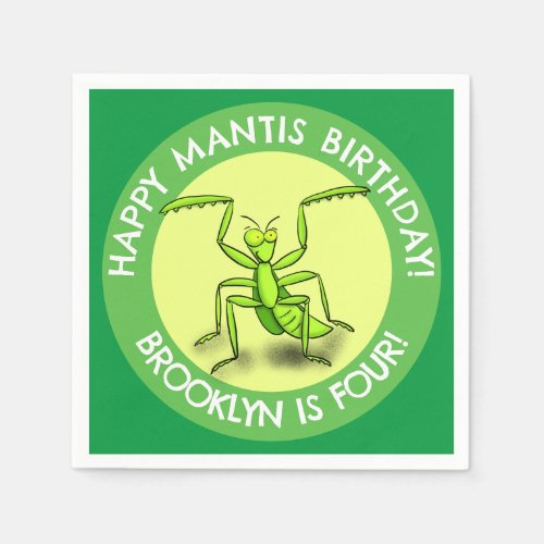Fun personalized praying mantis cartoon birthday napkins