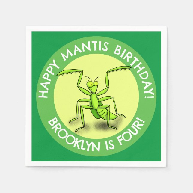 Fun personalized praying mantis cartoon birthday napkins (Front)