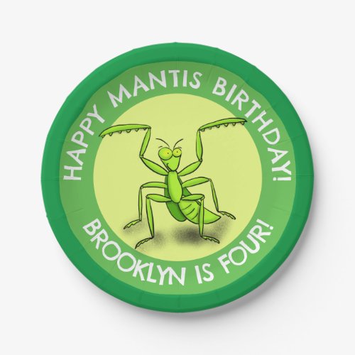 Fun personalized praying mantis cartoon birthday paper plates