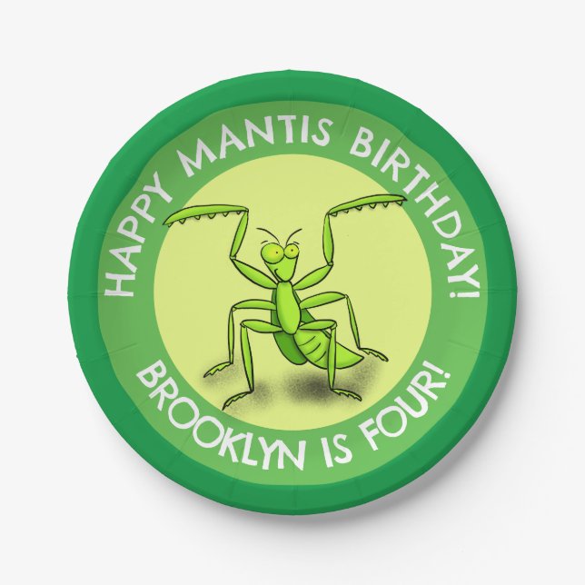 Fun personalized praying mantis cartoon birthday paper plates (Front)