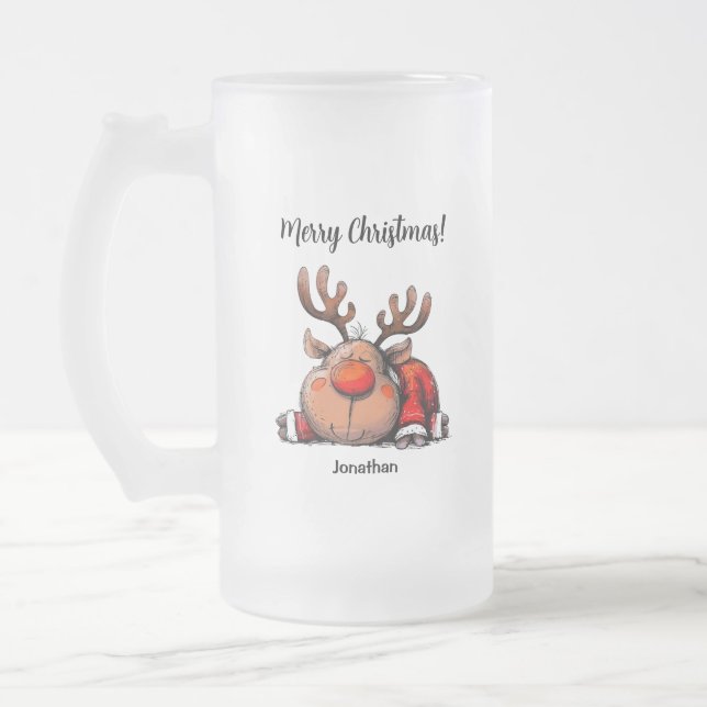 Fun Personalized Reindeer Merry Christmas Frosted Glass Beer Mug (Left)