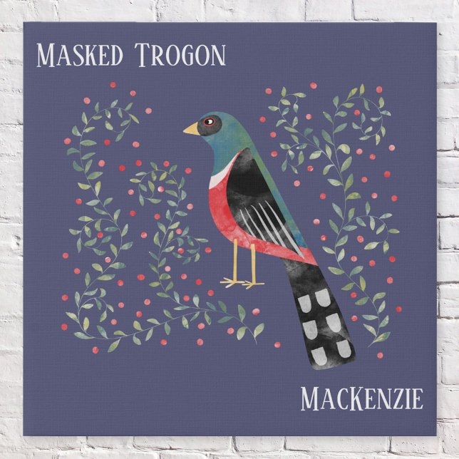 Fun Personalized Watercolor Bird Art Faux Canvas Print (Masked Trogon watercolor bird art personalized name custom text faux canvas art print)