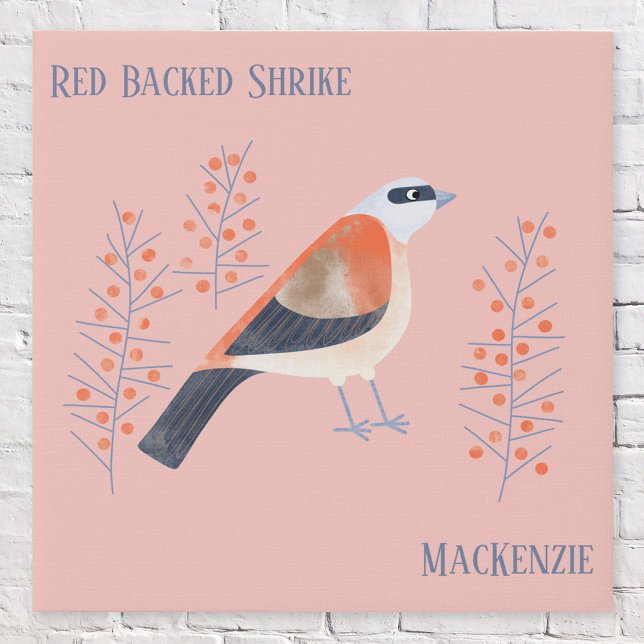 Fun Personalized Watercolor Bird Art Faux Canvas Print (Red Backed Shrike watercolor bird art personalized name custom text faux canvas print)