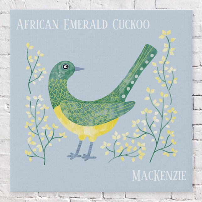 Fun Personalized Watercolor Bird Faux Canvas Print (African Emerald Cuckoo personalized name custom text watercolor bird art faux canvas print)