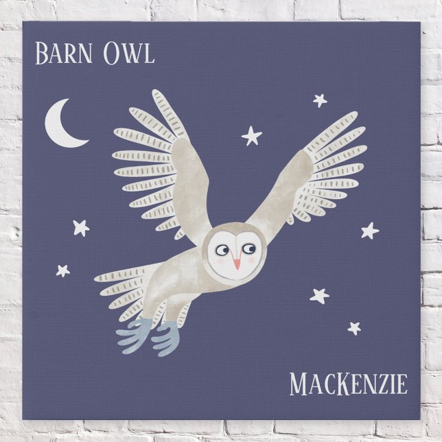 Fun Personalized Watercolor Owl Faux Canvas Print (Personalized custom text Barn Owl watercolor bird art faux canvas print)