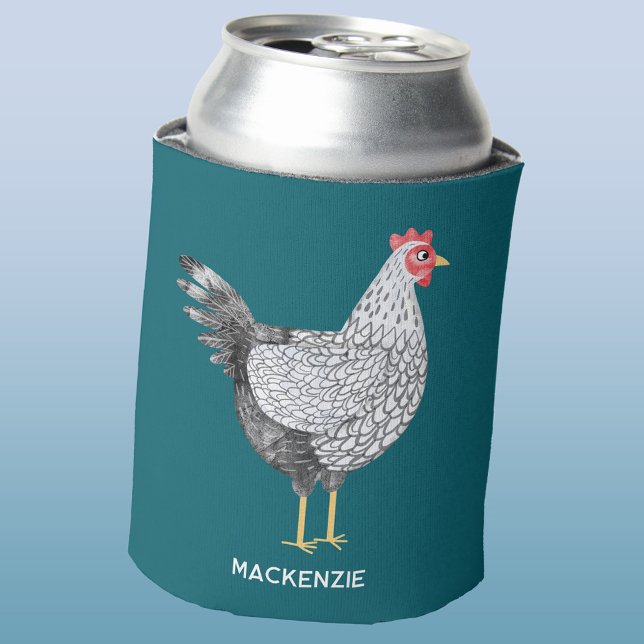 Fun Personalized Watercolor Wyandotte Chicken Can Cooler (Fun watercolor Wyandotte chicken hen personalized name custom text can cooler)
