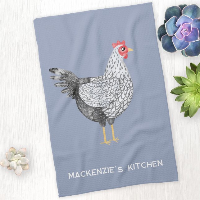 Fun Personalized Watercolor Wyandotte Chicken Kitchen Towel (Wyandotte Chicken watercolor hen personalized name custom text kitchen tea towel)