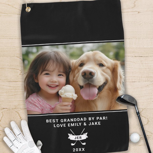 Fun Photo Best Granddad By Par Golfer Modern Black Golf Towel (Creator Uploaded)