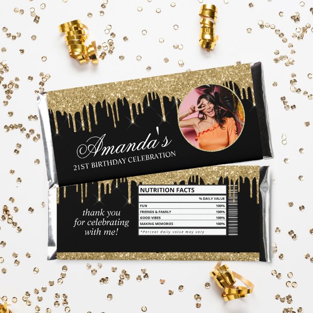 Fun Photo Black and Gold Glitter Drip Hershey Bar Favors (Creator Uploaded)