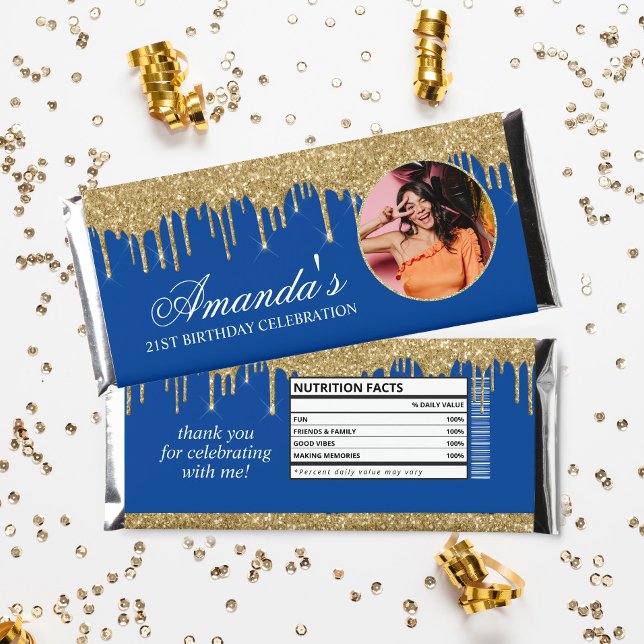Fun Photo Blue and Gold Glitter Drip Hershey Bar Favors (Creator Uploaded)