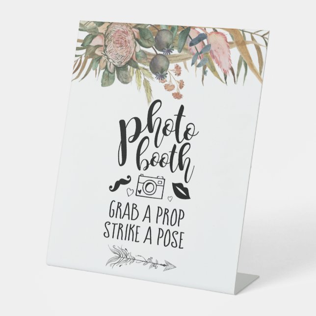 Fun Photo Booth Bohemian Floral Wedding Custom Pedestal Sign (Front)