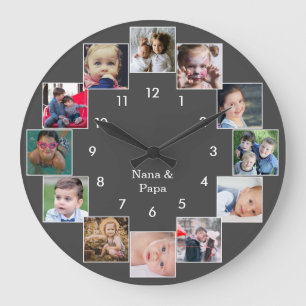 Fun Photo Collage Family Gray Large Clock