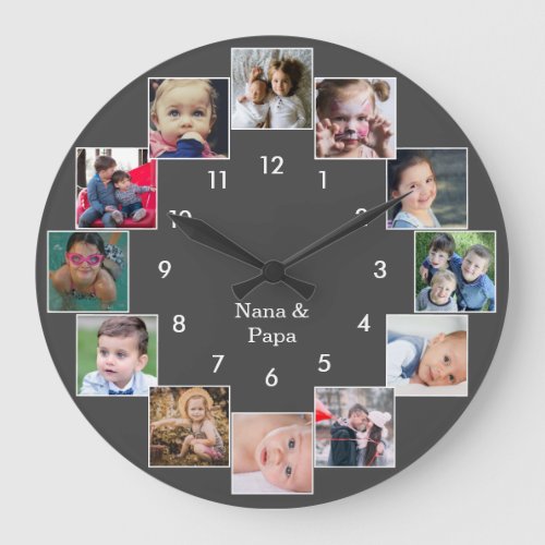 Fun Photo Collage Family Gray Large Clock