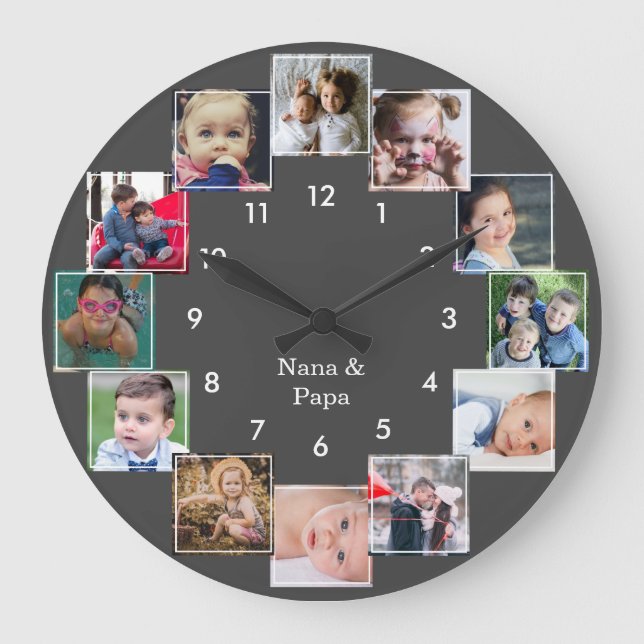 Fun Photo Collage Family Gray Large Clock (Front)