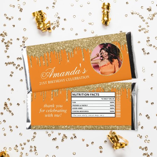 Fun Photo Orange and Gold Glitter Drip Hershey Bar Favors