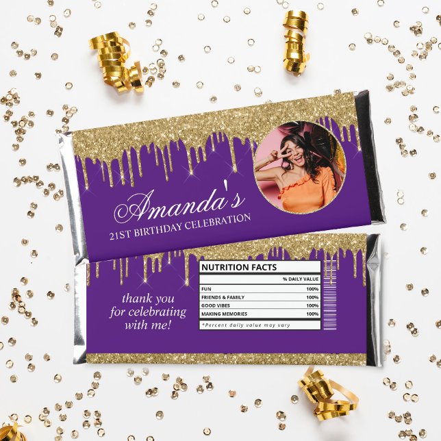 Fun Photo Purple and Gold Glitter Drip Hershey Bar Favors (Creator Uploaded)