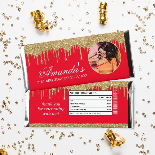 Fun Photo Red and Gold Glitter Drip Hershey Bar Favors