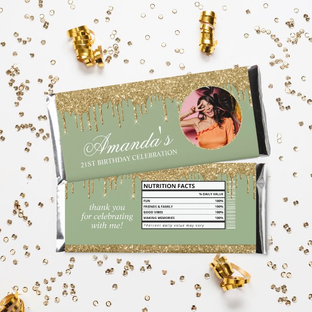 Fun Photo Sage Green and Gold Glitter Drip Hershey Bar Favors (Creator Uploaded)