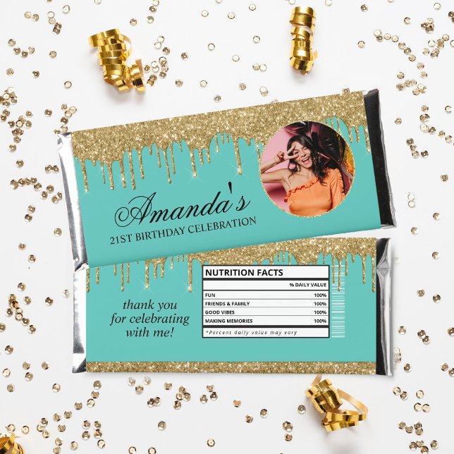Fun Photo Teal and Gold Glitter Drip Hershey Bar Favors (Creator Uploaded)