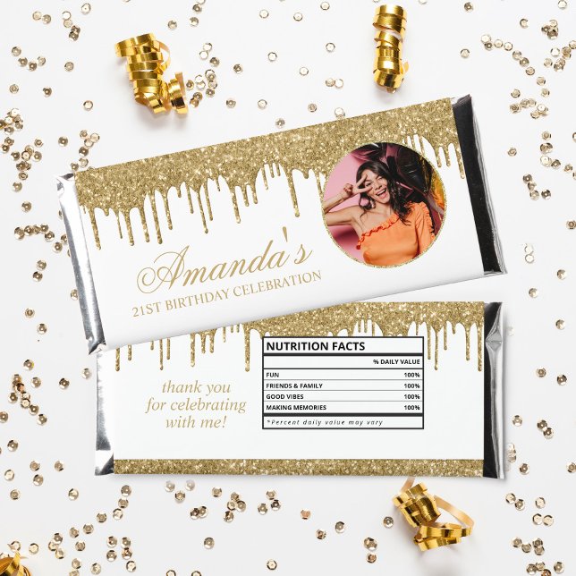 Fun Photo White and Gold Glitter Drip Hershey Bar Favors (Creator Uploaded)