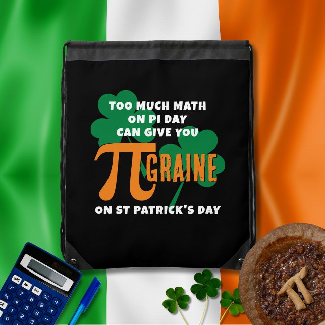 Fun Pi Day Math St Patricks Day  Drawstring Bag (Fun combined Pi Day and St Patrick's Day design with Pi symbol, shamrocks and customizable text.)