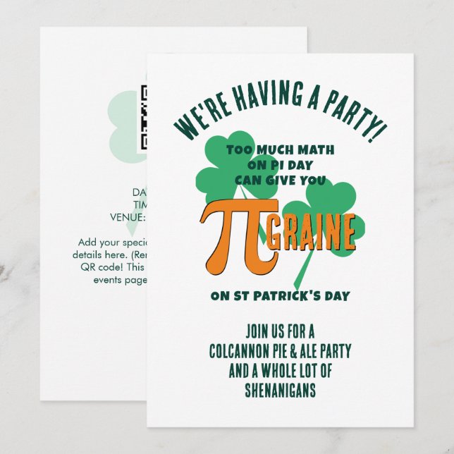 Fun Pi Day QR Code St Patricks Day Pub Party Invitation (Front/Back)