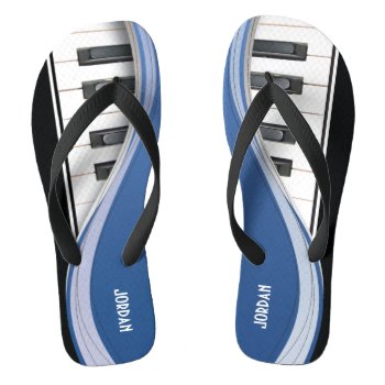 Fun Piano Design With Blue Swoosh Flip Flops by ForTheMusician at Zazzle