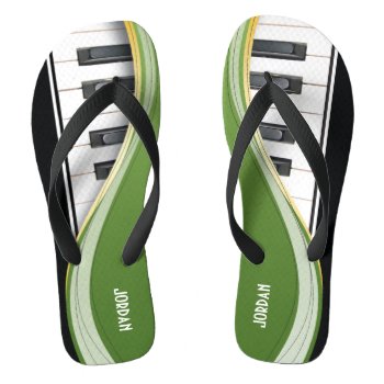Fun Piano Design With Green Swoosh Flip Flops by ForTheMusician at Zazzle