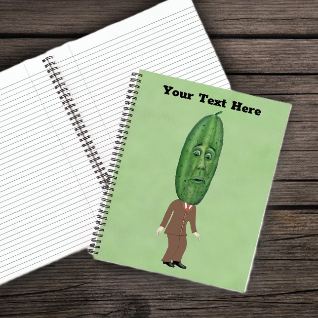 Fun Pickle Head Man Brown Suit Surprised Face Notebook (Fun man big pickle head surprised face in brown suit on green spiral notebook.)