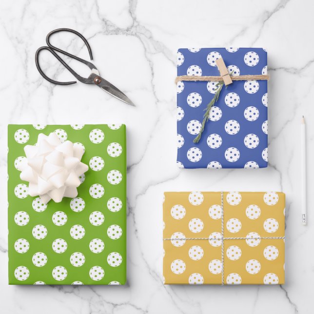 Fun Pickleball Pattern Blue Green Orange Wrapping Paper Sheets (Front)