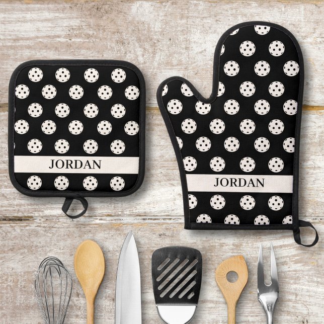 Fun Pickleball Pattern Player Gift Add Custom Text Oven Mitt & Pot Holder Set (Creator Uploaded)