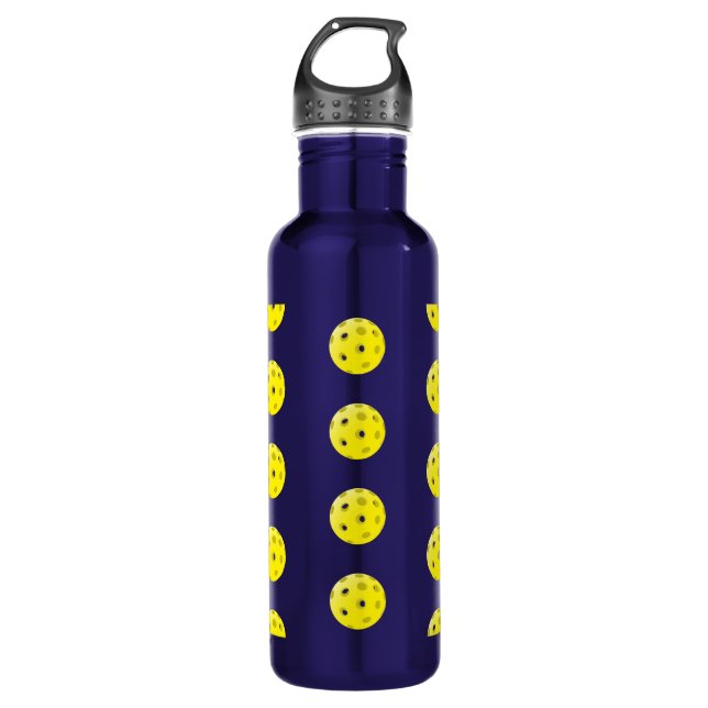 Fun Pickleball Pattern Yellow and Blue Stainless Steel Water Bottle (Front)