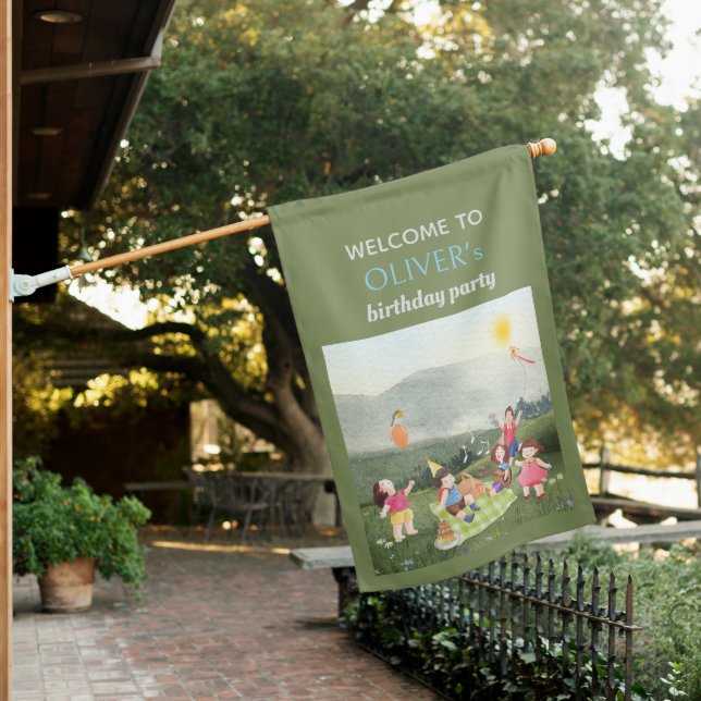 Fun Picnic Birthday Kids Boy Garden Picnic Banner House Flag (In SItu)