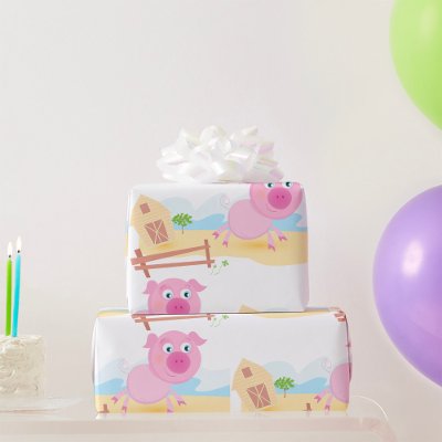 Fun Pig on Farm with Barn and Fence Wrapping Paper