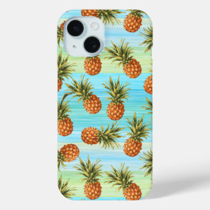 Fun Pineapple Fruit Pattern Watercolor Art Stripes iPhone 15 Case