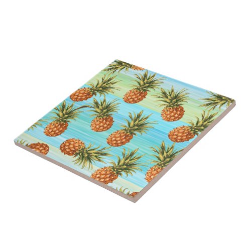 Fun Pineapple Fruit Pattern Watercolor Art Stripes Ceramic Tile