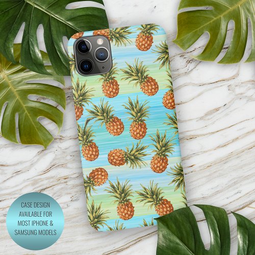 Fun Pineapple Fruit Pattern Watercolor Art Stripes iPhone 11Pro Max Case
