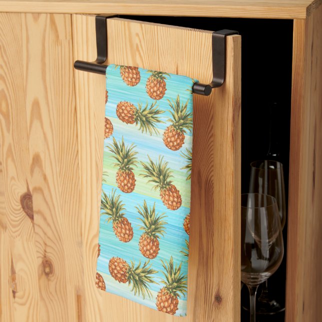 Fun Pineapple Fruit Pattern Watercolor Art Stripes Kitchen Towel (Thirds Fold)