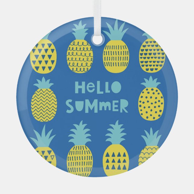 Fun Pineapple Vintage Card Design Glass Ornament (Front)