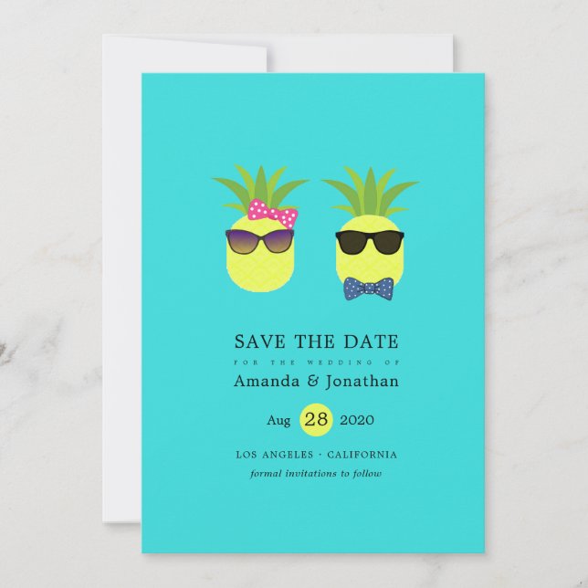 Fun Pineapples Turquoise & Lemon Tropical Summer Save The Date (Front)