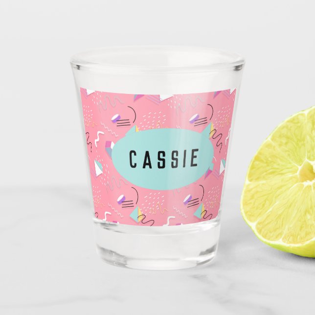 Fun Pink 1990s Throwback Graphics Personalized Shot Glass (Front)