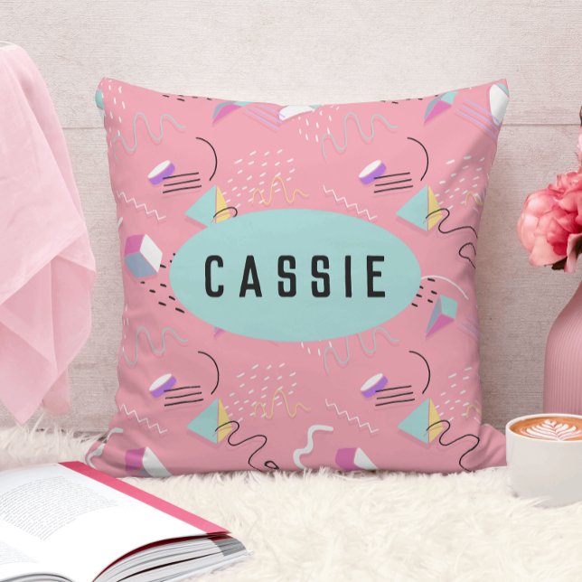 Fun Pink 1990s Throwback Graphics Throw Pillow (Creator Uploaded)