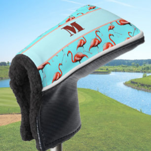 Fun pink and aqua custom monogram ladies flamingo golf head cover