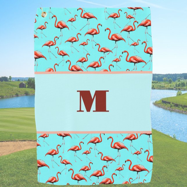 Fun pink and aqua custom monogram ladies flamingo golf towel (Creator Uploaded)